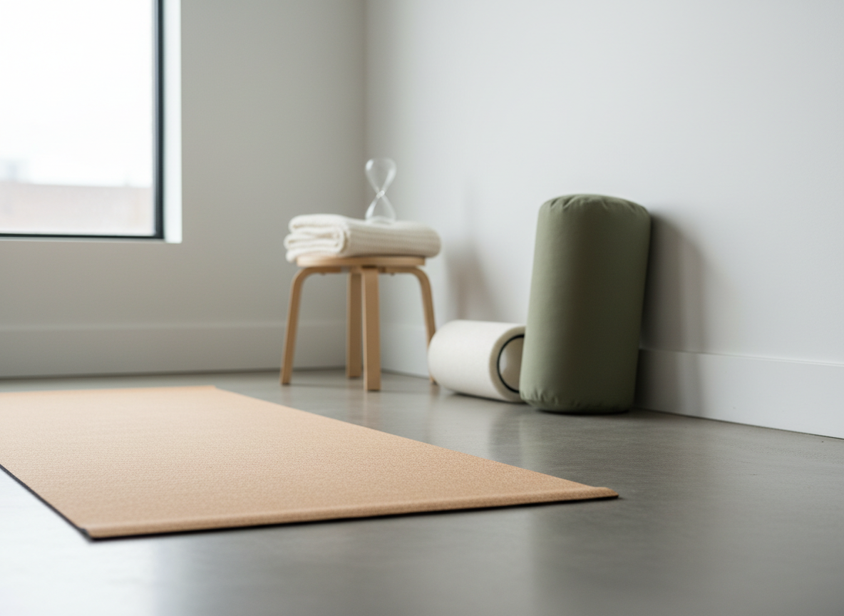 A serene corner of a studio devoted to microbreaks and body alignment, featuring a natural cork yoga mat, a firm cylindrical bolster in muted moss green, and a contoured foam roller leaning against a smooth white wall. A low beechwood stool holds a tiny sand timer and a folded, cream-colored knit blanket. Soft, indirect daylight from a side window diffuses across the matte surfaces, creating faint, peaceful shadows. Photographic realism shot from a low angle along the edge of the mat, with a shallow depth of field that blurs the far wall. The atmosphere is quiet and restorative, suggesting brief, intentional pauses woven into a workday to realign body, breath, and focus.