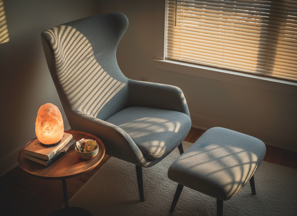 A cozy reading corner designed for holistic ergonomics, showcasing a high-backed, contoured lounge chair upholstered in soft slate-gray fabric with a matching footrest, both gently angled toward a low walnut side table. A Himalayan salt lamp glows warmly on the table next to a stack of thoughtfully worn books and a small ceramic bowl of herbal tea bags. Golden hour sunlight streams through nearby blinds, creating warm stripes of light and shadow across the chair’s textured fabric. Photographic realism from a slightly elevated diagonal angle, with a gentle vignette drawing focus to the chair. The mood is nurturing, contemplative, and restorative, emphasizing a space that supports both physical comfort and inner stillness.