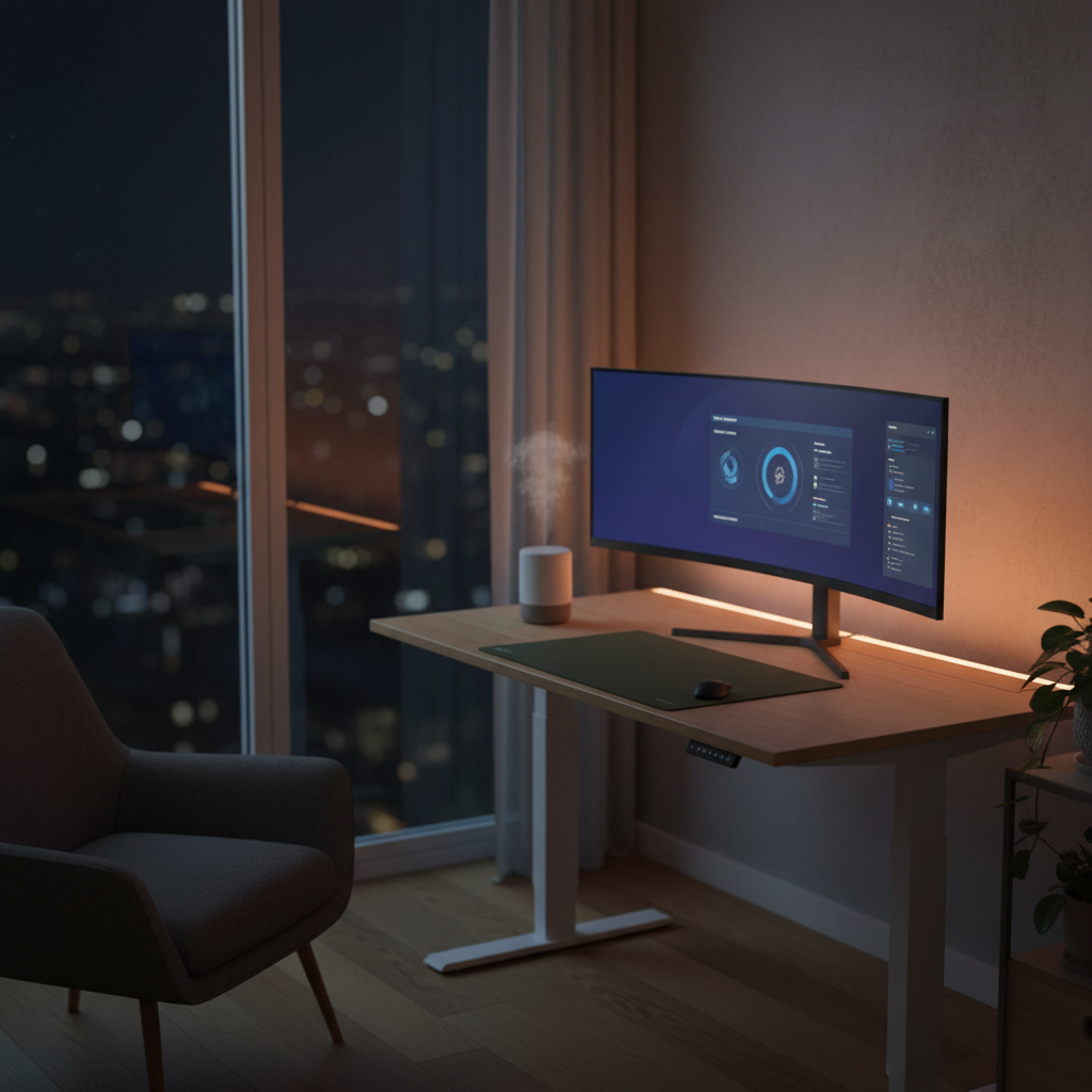 A tranquil night-time home office scene, where a height-adjustable desk is set in its standing position beside a large window revealing a dark, softly blurred cityscape. On the desk, a single ultrawide monitor displays a dimmed, blue-light-reduced interface, while a small ceramic diffuser emits a thin mist beside a weighted linen desk pad. A low-profile LED backlight runs behind the desk edge, casting a gentle halo of warm amber light against the wall. Photographic realism with a slightly elevated three-quarter angle, emphasizing the contrast between the cozy interior glow and the cool darkness outside. The mood is quiet and restorative, highlighting a technology space adapted to circadian rhythms and nervous system calm.
