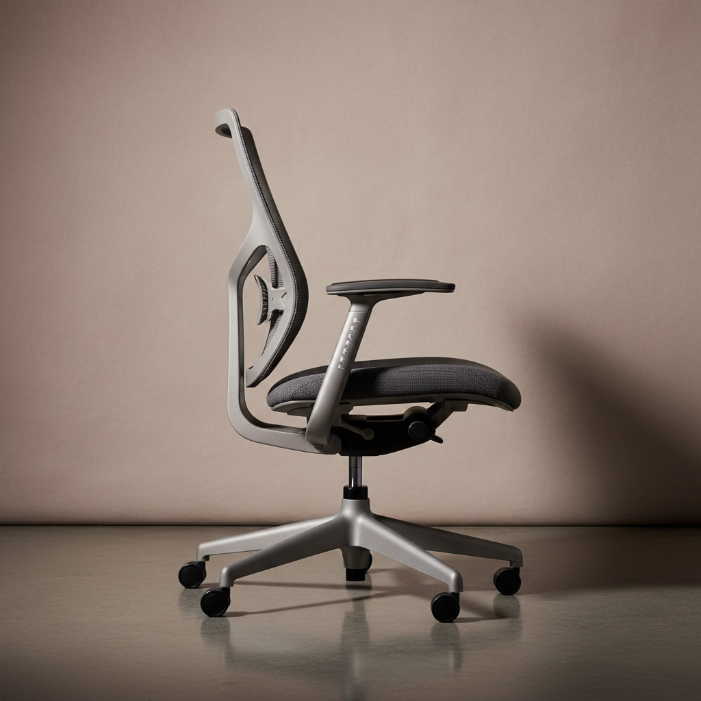 A precision-focused image of an adjustable ergonomic chair in profile, positioned on a smooth concrete floor against a soft taupe backdrop. The chair features a breathable mesh back with visible lumbar support curvature, a waterfall-edged seat upholstered in charcoal fabric, and finely calibrated armrests with subtle measurement markers. Directional studio lighting from the left creates crisp highlights along the edges and clean, defined shadows on the right, emphasizing contours and engineering. Photographic realism with a centered composition and shallow depth of field, isolating the chair as a sculptural object. The mood is confident and quietly technical, showcasing the intersection of biomechanics and mindful design without feeling clinical, aligned with holistic ergonomics principles.