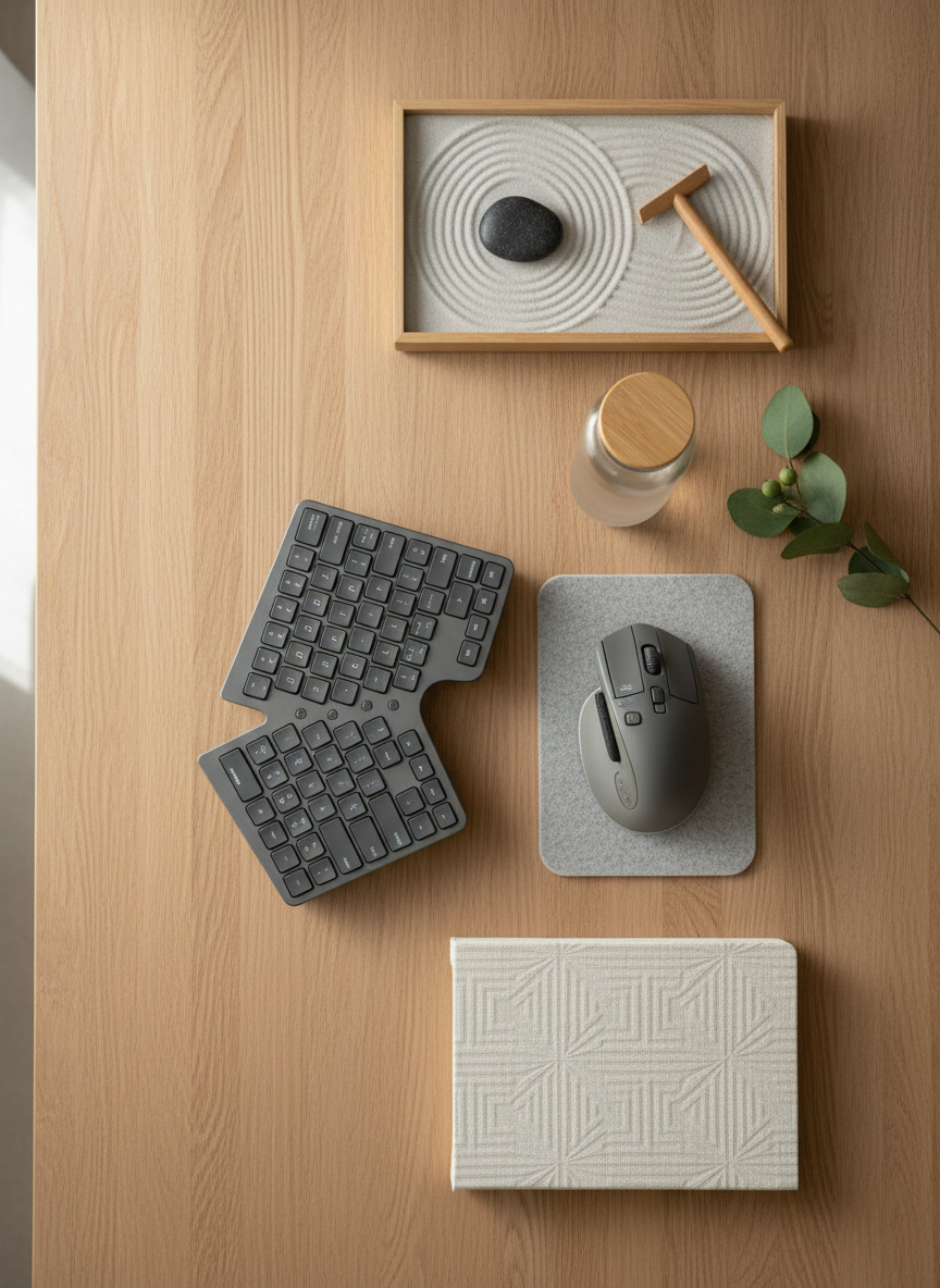 A minimalist overhead view of an ergonomically arranged desktop on a warm ash wood surface, featuring a slim split keyboard, vertical mouse, and a closed linen-textured notebook aligned in gentle symmetry. A sand-filled Zen tray with a small smooth stone sits beside a frosted glass water bottle and a single sprig of eucalyptus. Diffused overcast daylight from an unseen window creates soft, even lighting with almost no harsh shadows. Photographic realism with sharp focus across the entire frame, emphasizing order and calm. The composition uses subtle rule-of-thirds placement to communicate clarity, breathability, and holistic organization, evoking a sense of mental spaciousness and contemplative productivity.