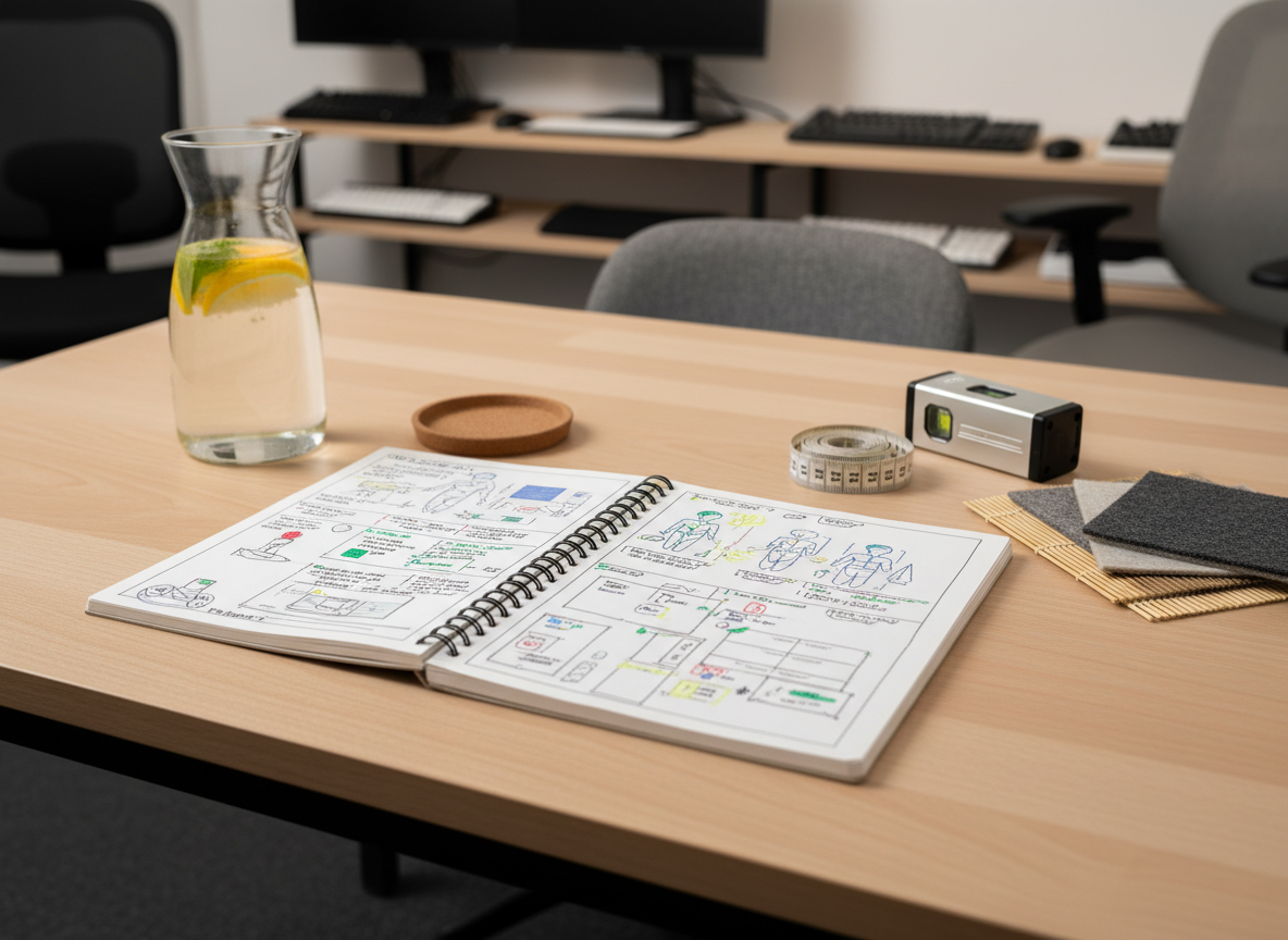A holistic ergonomics consultation table without people, featuring an open notebook filled with sketched desk layouts, posture diagrams, and color-coded annotations, all on a light maple tabletop. Beside it rest a fabric tape measure, a compact laser level, and sample swatches of natural materials such as cork, felt, and bamboo. A clear glass carafe of infused water with floating citrus slices adds a subtle wellness touch. Soft studio lighting from above and the side creates balanced illumination and realistic, gentle shadows. Photographic realism with an eye-level side perspective, the notebook in sharp focus while the background shelving of organized ergonomic tools blurs softly. The atmosphere feels professional yet nurturing, conveying thoughtful, customized design for whole-person wellbeing.