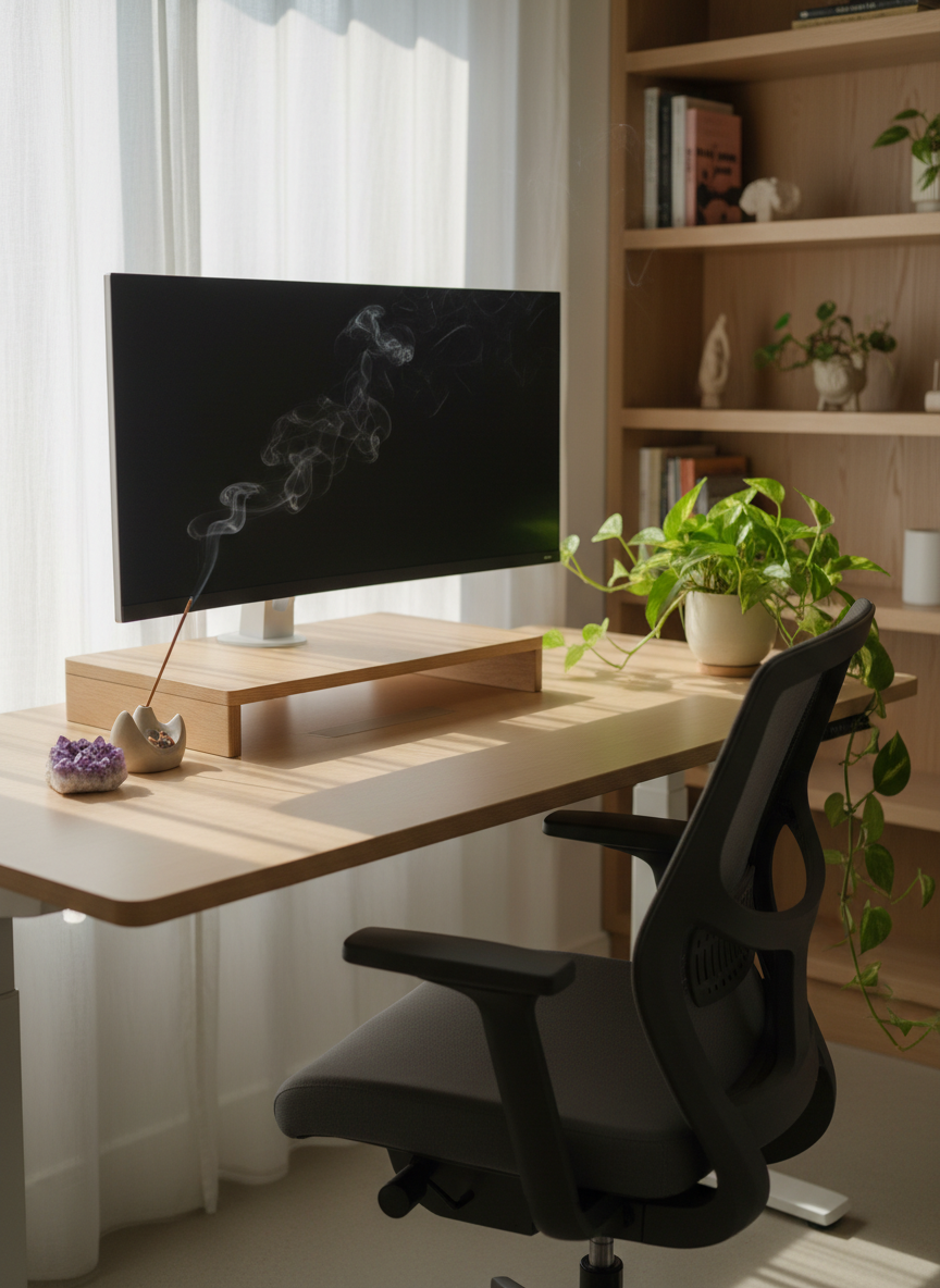 A carefully arranged ergonomic home workspace with a pale birch sit-stand desk, a curved, mesh-backed task chair, and a matte white monitor raised on a light oak riser. A small amethyst cluster, a ceramic incense holder with a thin trail of smoke, and a leafy pothos plant soften the setup. Soft morning sunlight filters through gauzy curtains, casting gentle, elongated shadows across the desk surface. Photographic realism, shot at eye level with a slight angle, using a shallow depth of field so the foreground is crisp while the background bookshelves blur into a calm haze. The mood is serene and balanced, suggesting a workspace that supports spirit, mind, and body, with a clean, modern, holistic aesthetic.