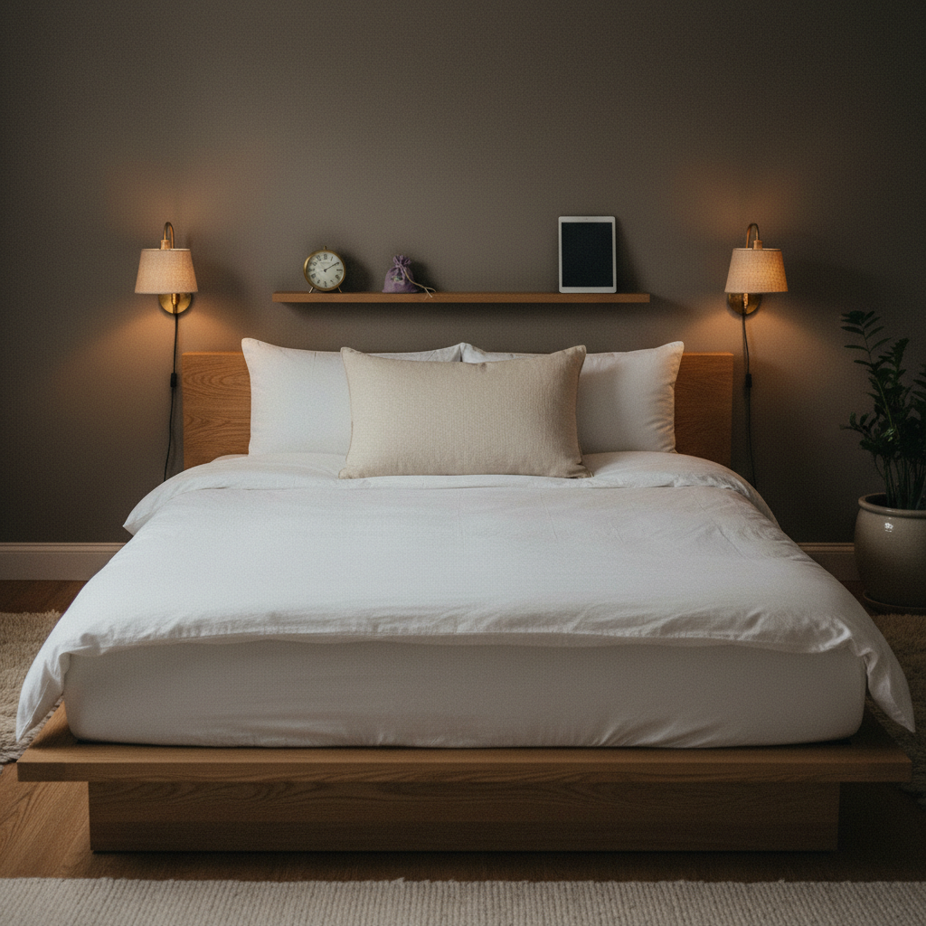 An inviting bedroom-turned-wellness-nook designed for recovery from screen time, featuring a low platform bed with a supportive natural-latex mattress, crisp white organic cotton bedding, and a structured, wedge-shaped reading pillow. A narrow oak shelf above the headboard holds a small analog alarm clock, a lavender sachet, and a closed tablet placed face-down to imply intentional disconnection. Warm bedside sconces with linen shades cast a soft, downward glow that pools onto the bedding, while the rest of the room fades into dim calm. Photographic realism with an eye-level wide shot, balanced composition, and subtle grain to enhance coziness. The atmosphere is deeply restful and grounded, highlighting sleep ergonomics as part of whole-being design.
